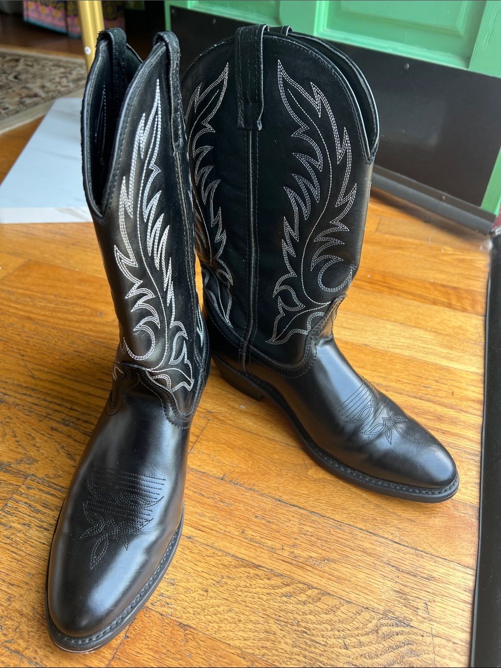 Laredo Black Leather Western Heeled Boots with White Stitching
